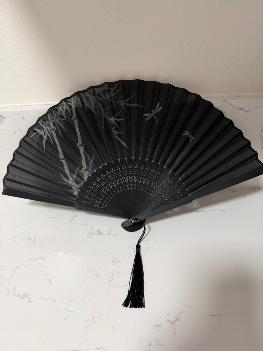 NEW Black Folding Hand Fan with Bamboo and Dragonfly Design W Tassel